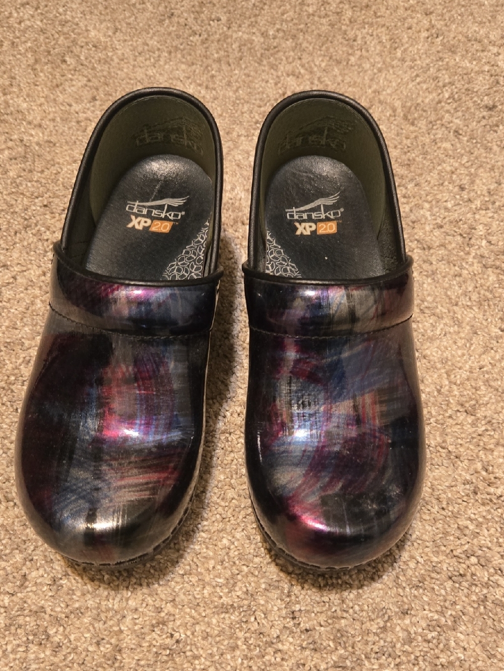 Dansko Multicolor Patent Leather Clogs - Black with Purple & Blue Sheen